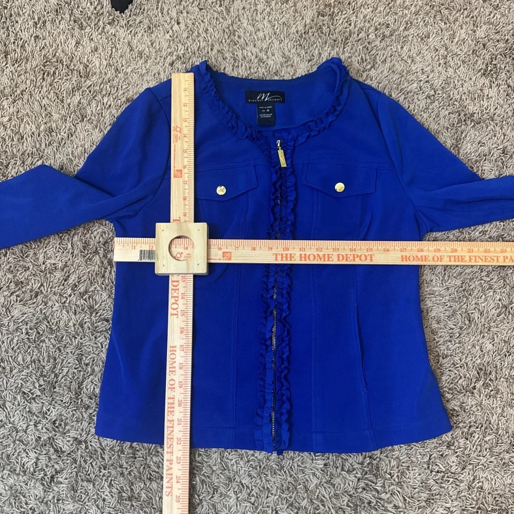 Midnight Velvet Brand Blue Ruffled Jacket Gold‎ Accents Pockets Women's Size 12